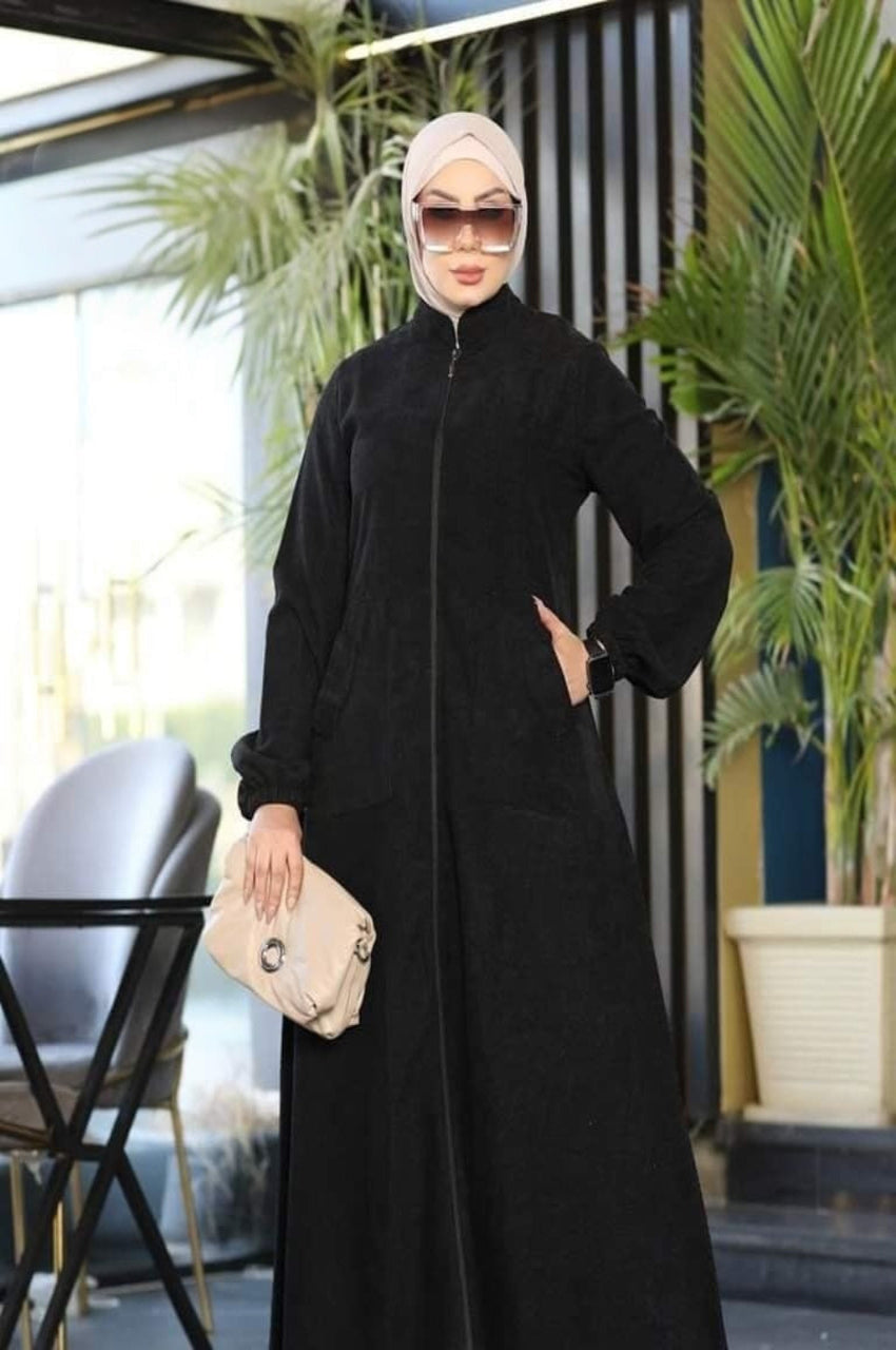 Ribbed Velvet Zip Abaya