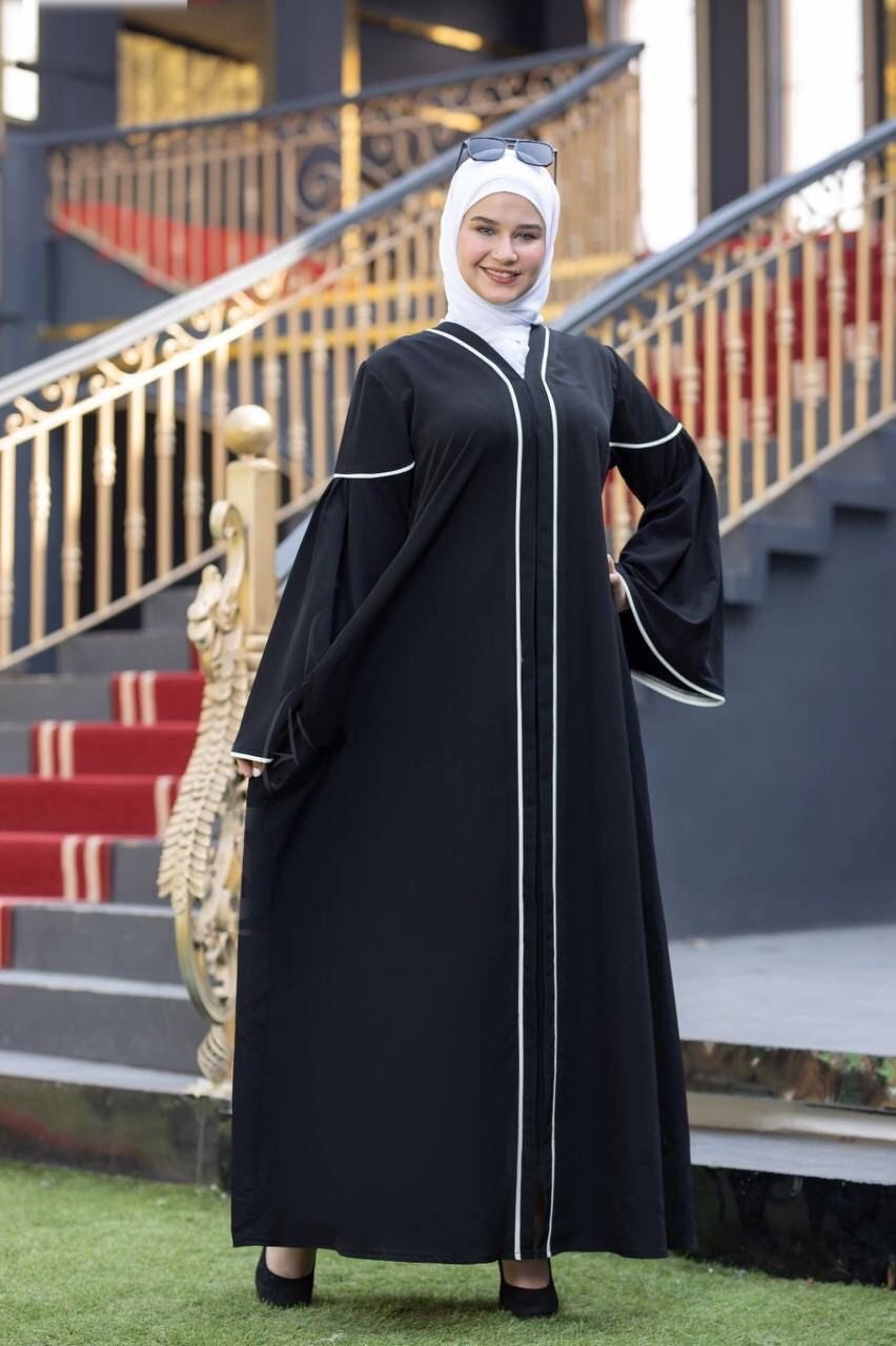 Wide Sleeve Abaya With White Satin Stripes