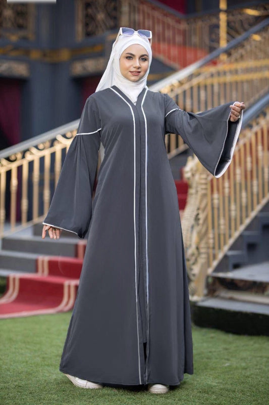 Wide Sleeve Abaya With White Satin Stripes