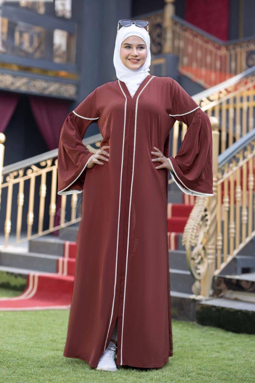 Wide Sleeve Abaya With White Satin Stripes